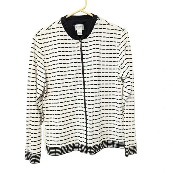 Chicos Traveler's Monochrome Black White Zipper Jacket Stretchy - Picture 1 of 5